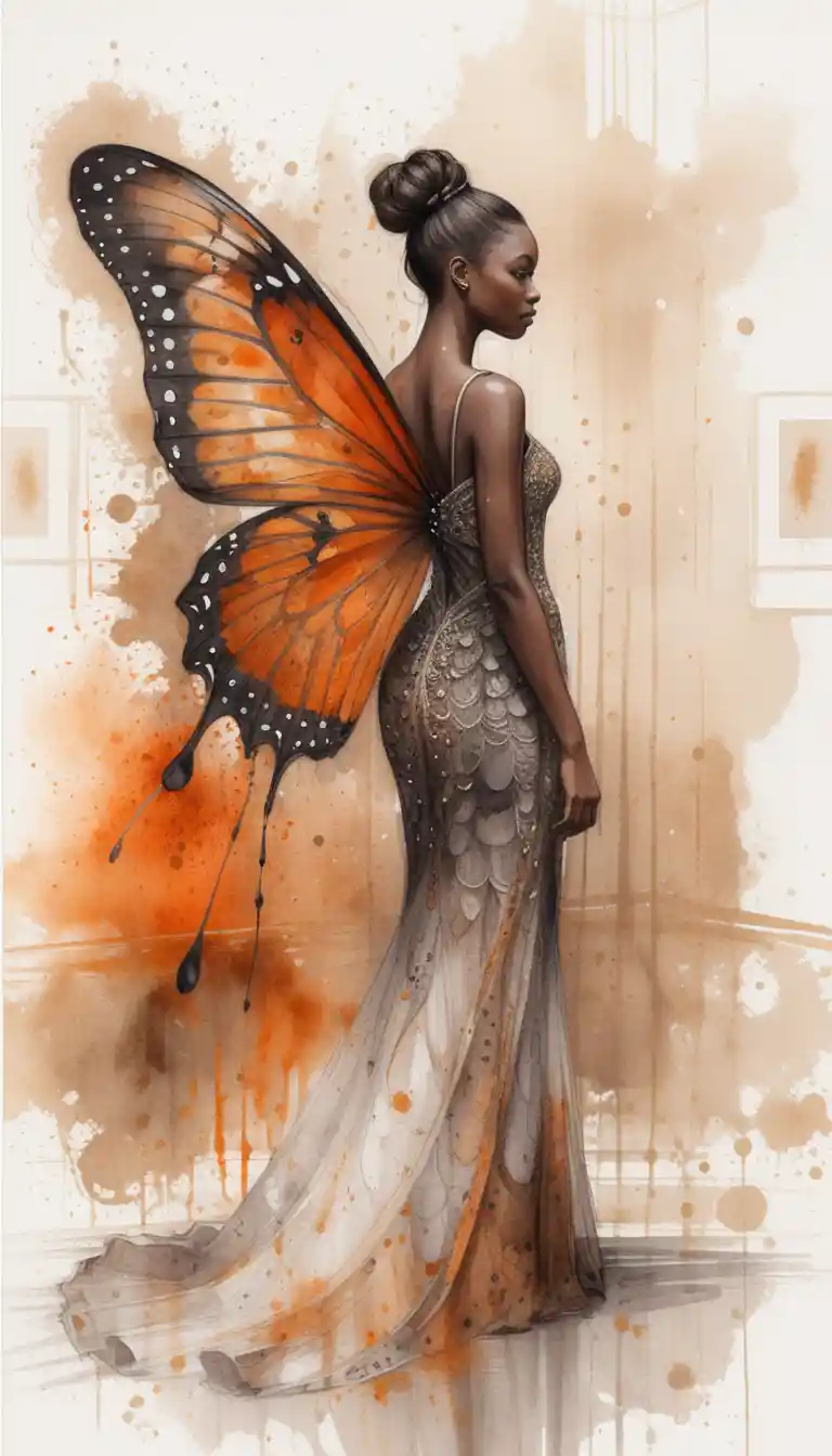 Elegant woman with butterfly gown in watercolor profile