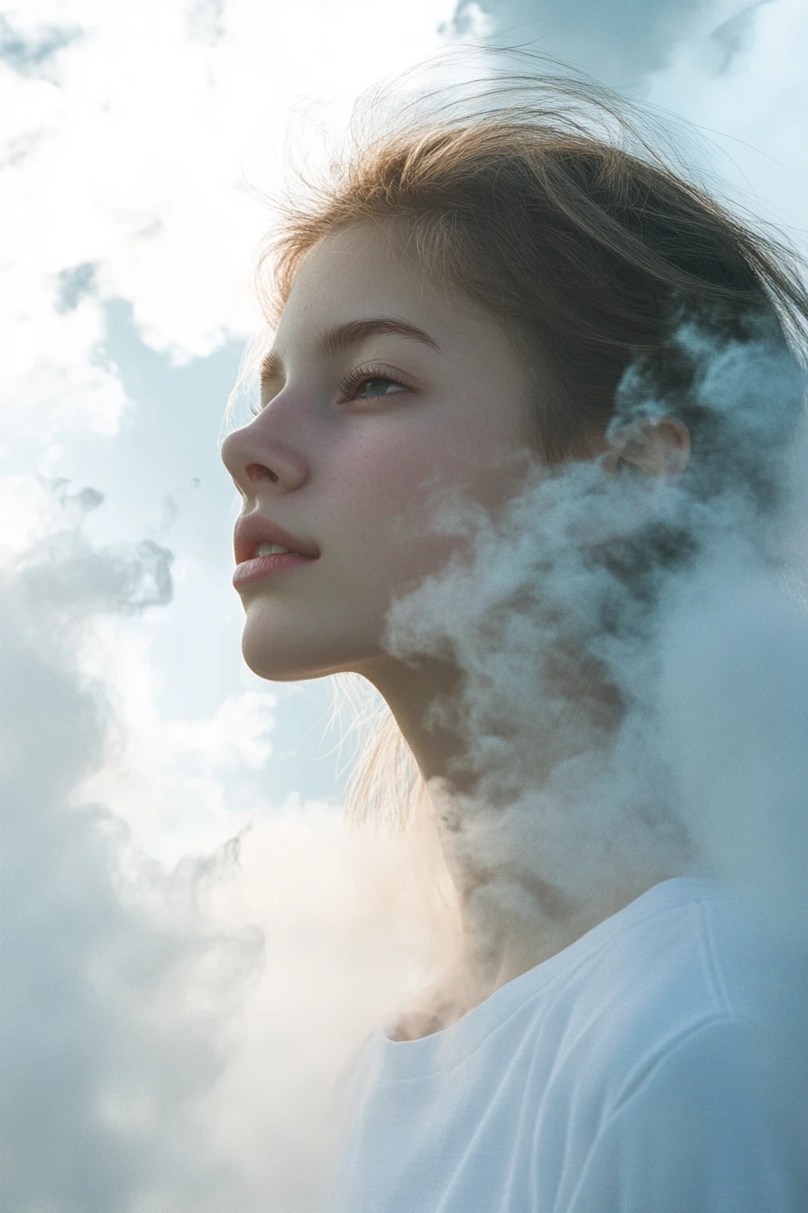 Surreal profile of a young woman merging with clouds
