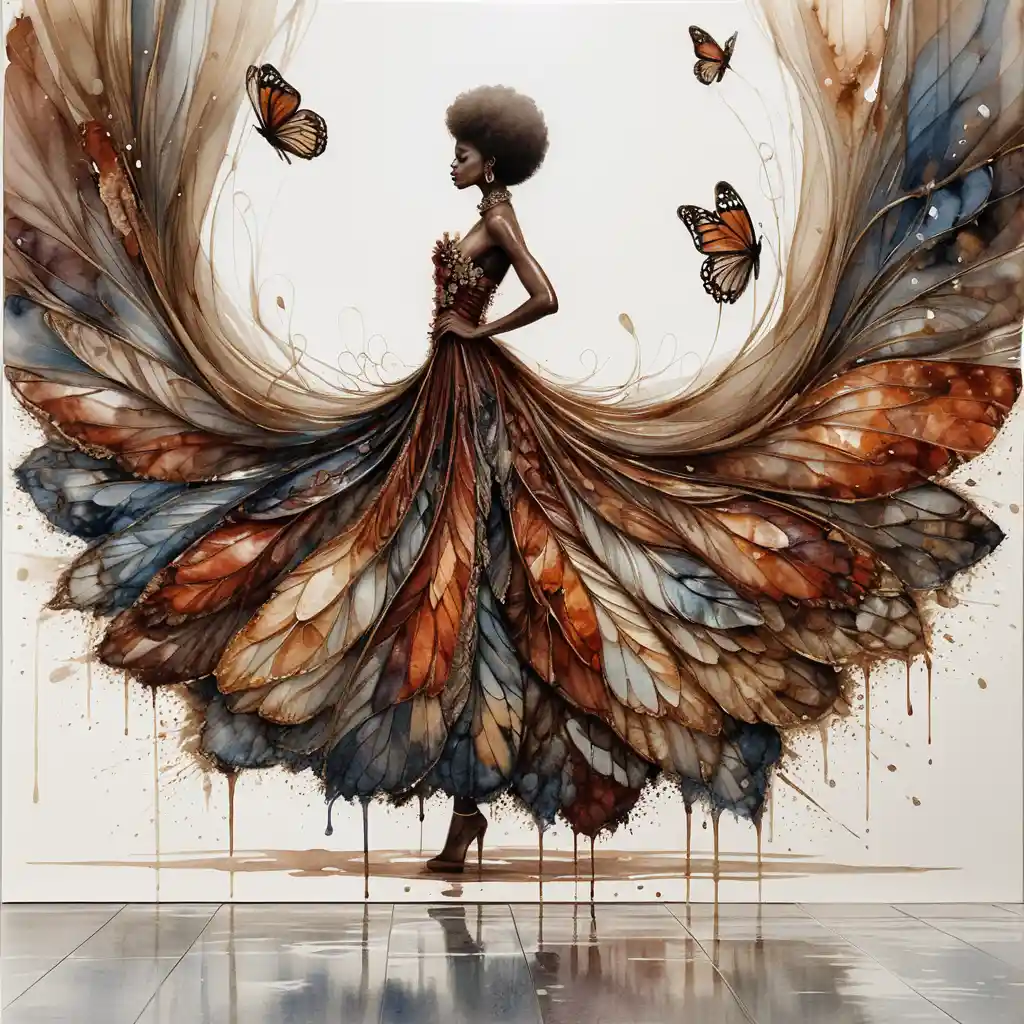 Watercolor woman with butterfly wings in gallery space