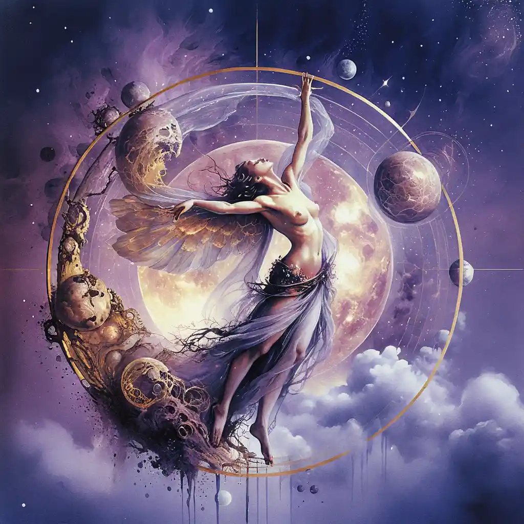 Ethereal angelic woman within celestial geometric circle