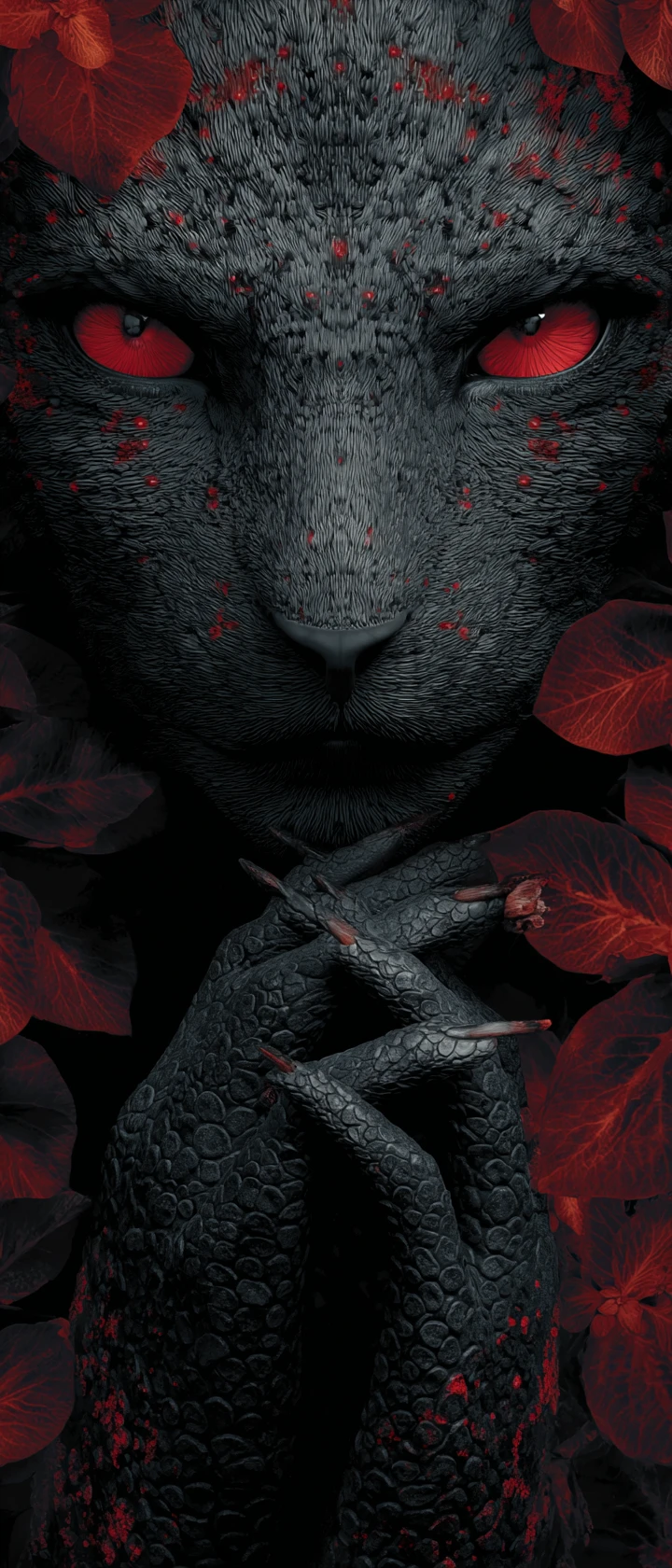 Mystical humanoid portrait with fiery red phoenix eyes