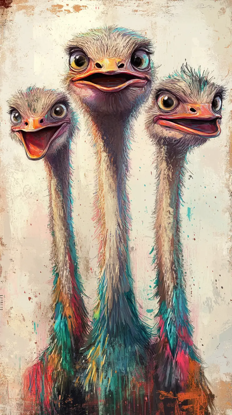 Four playful ostrich faces in a colorful vertical lineup