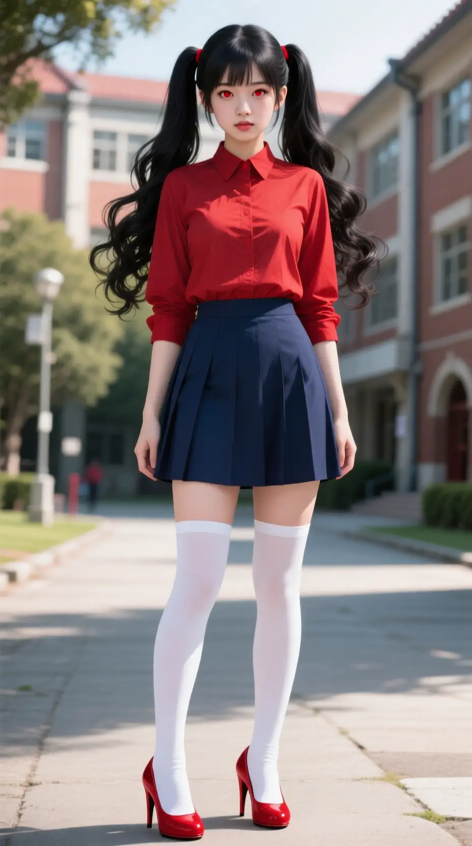 Japanische Frau in rotem Outfit steht auf einem Campusweg