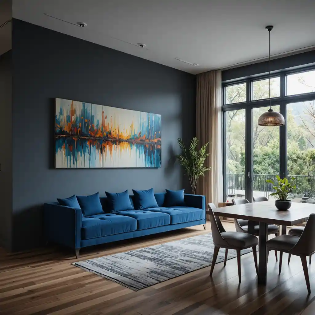 Modern living room with blue sofa and large wall painting