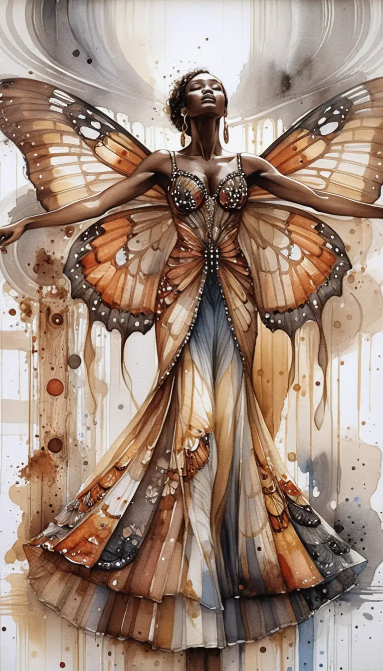 Graceful woman with butterfly wings in watercolor gallery scene
