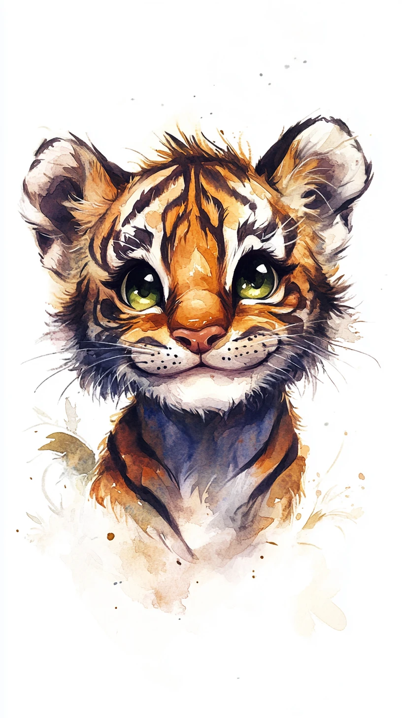 Acquerello onirico in primo piano di un piccolo tigre sorridente