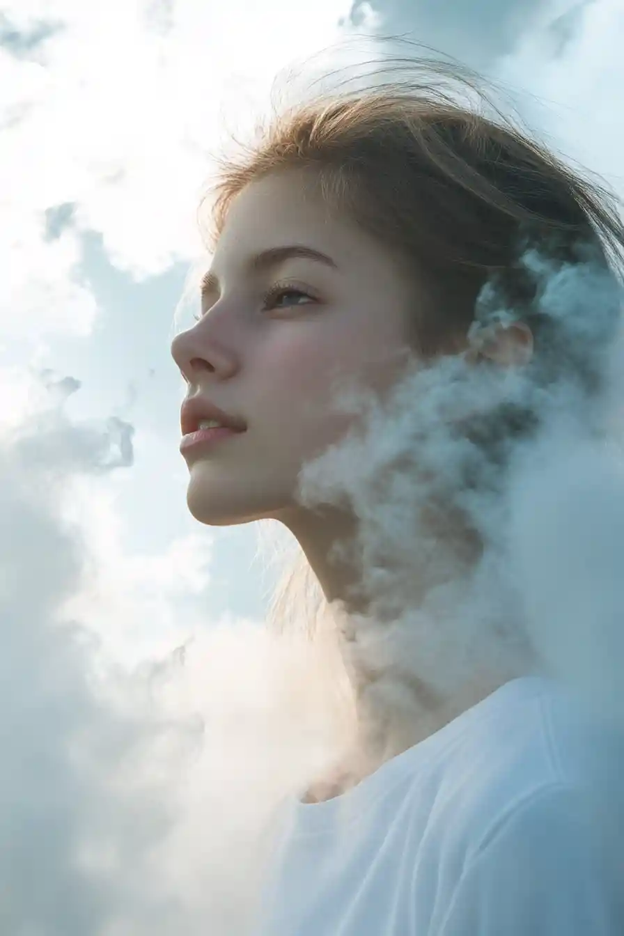 Surreal profile of a young woman merging with clouds