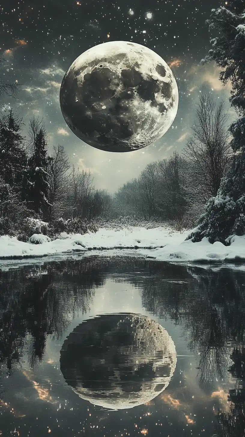 超現實的雪夜與明亮月光視覺錯覺場景