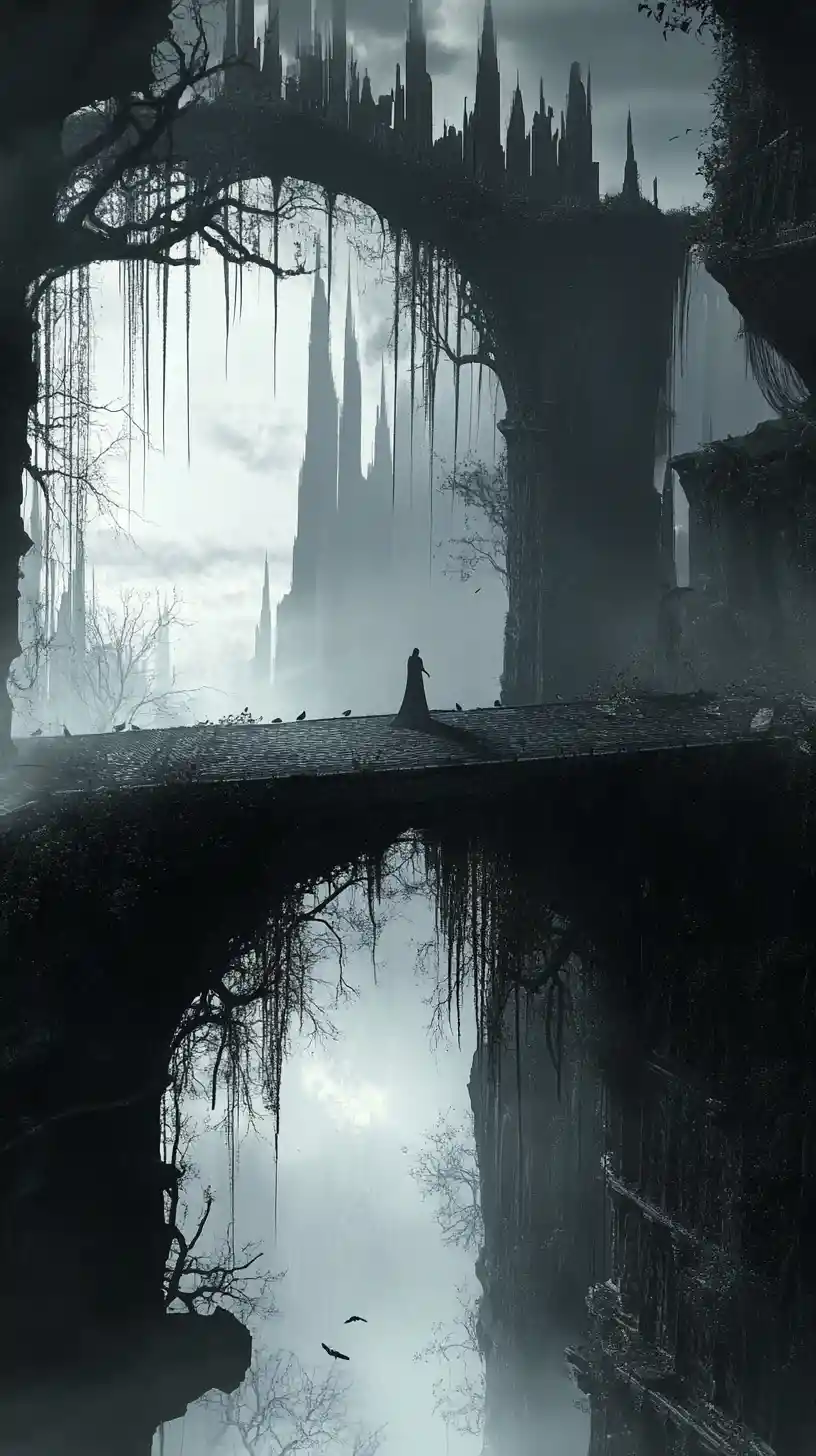 Ilusión surrealista de fantasía oscura con contraste de sombras y luces