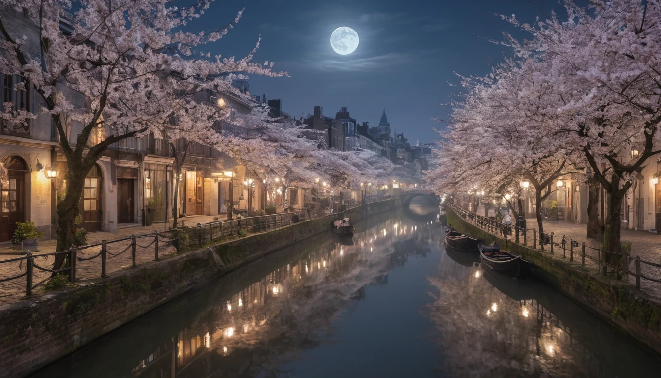 Moonlit spring cityscape with cherry blossoms and canals