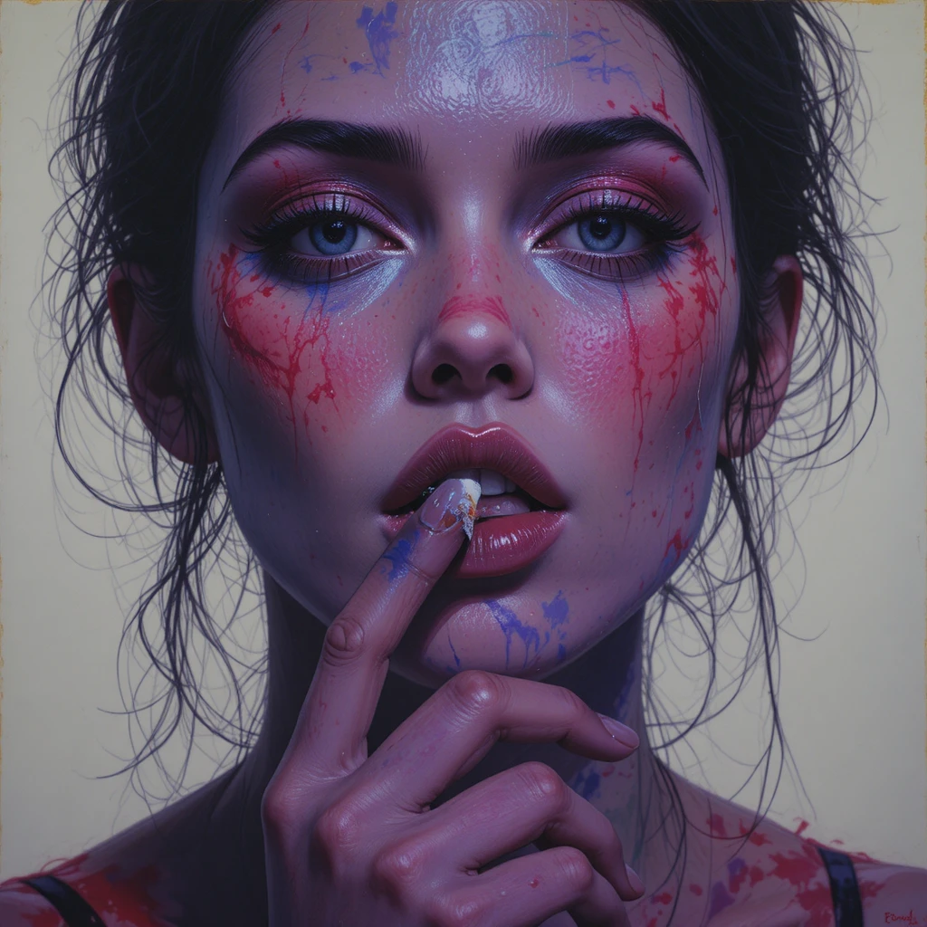 Peinture sombre d’une personne fumant et pointant vers le spectateur