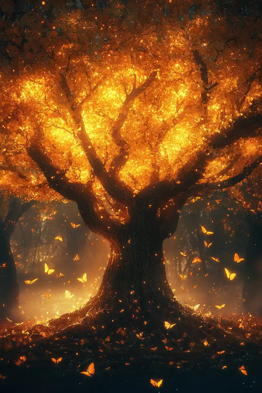 Majestic glowing tree in an enchanted fantasy forest