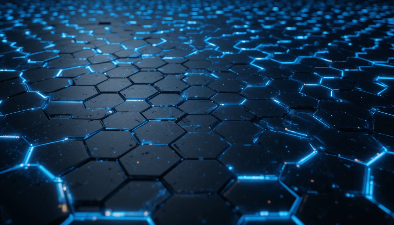 Superfície Futurista de Hexágonos Pretos com Linhas de Néon Azul Elétrico
