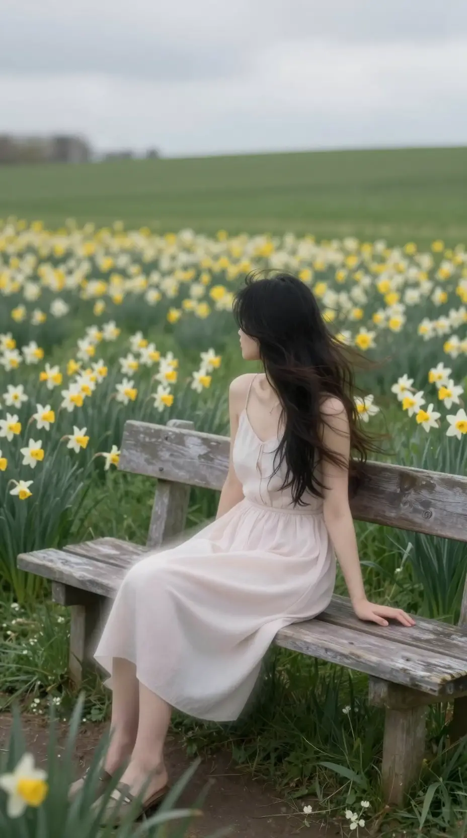 Woman resting on a bench in a peaceful flower meadow