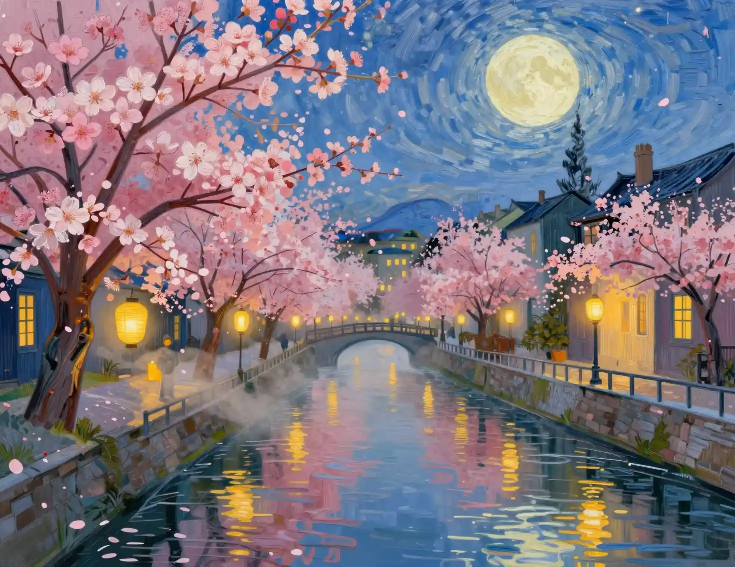 Dreamy canal cityscape at dusk under a glowing full moon