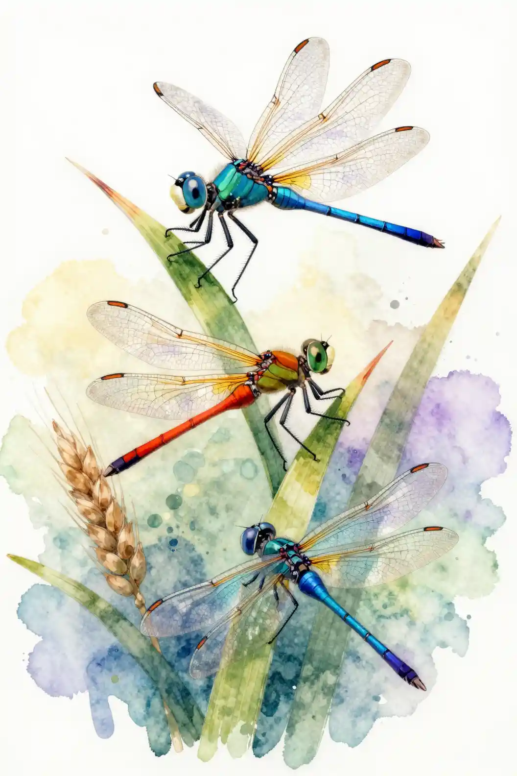 Libellules colorées sur tiges vertes en style aquarelle