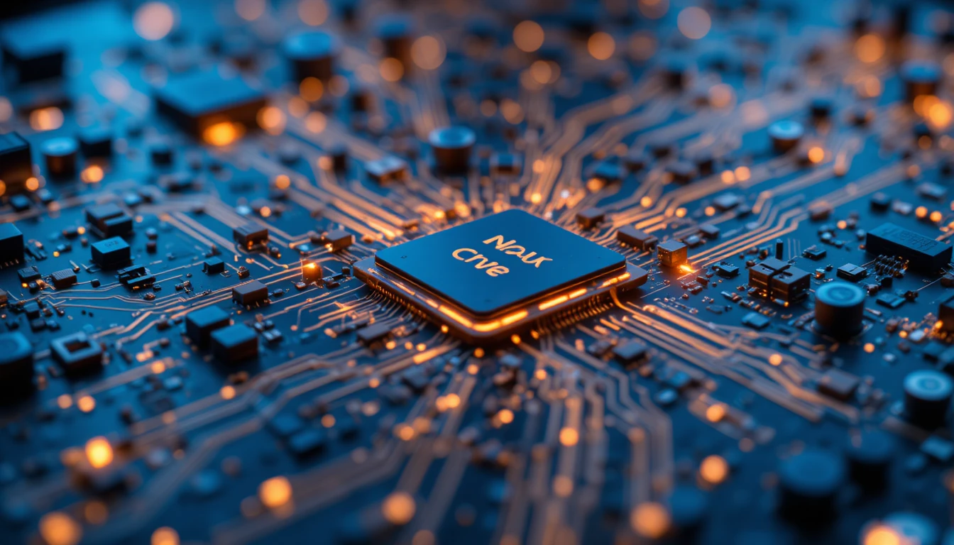 Close up macro view of glowing electronic circuit board