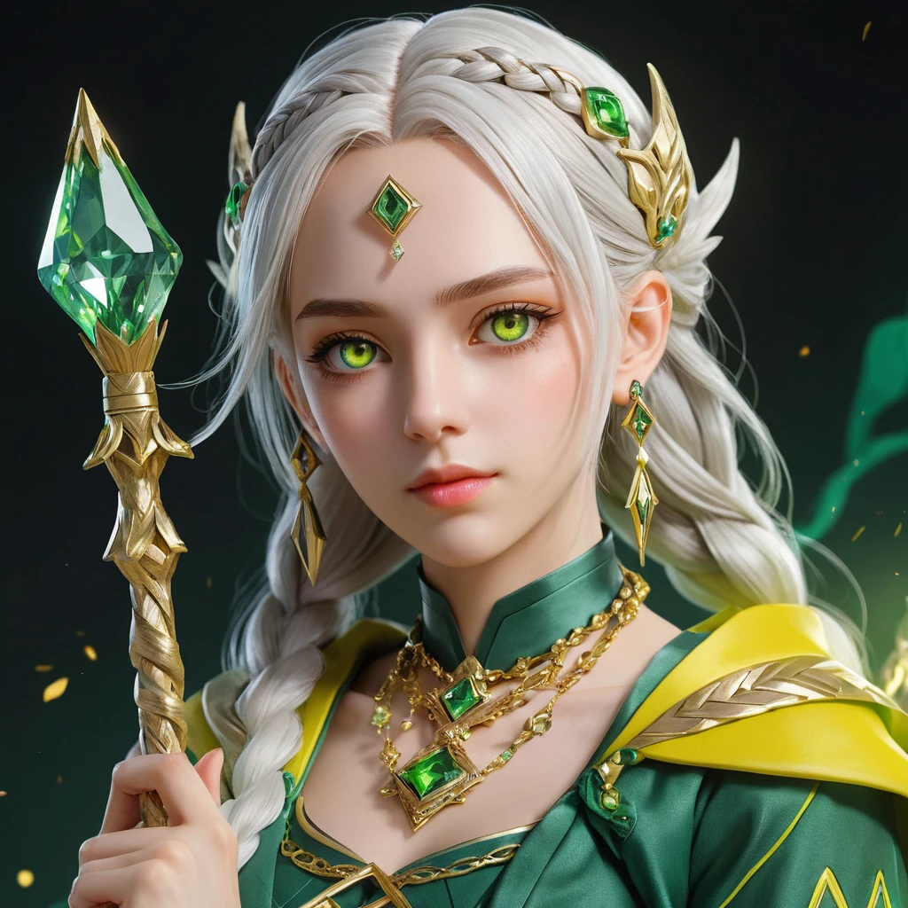 Garota maga de anime com cajado e olhos verdes brilhantes