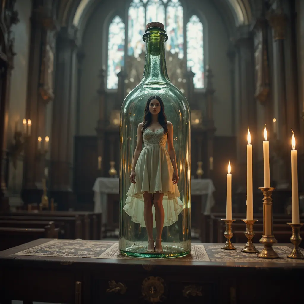 Tiny woman trapped in a glass bottle on chapel altar