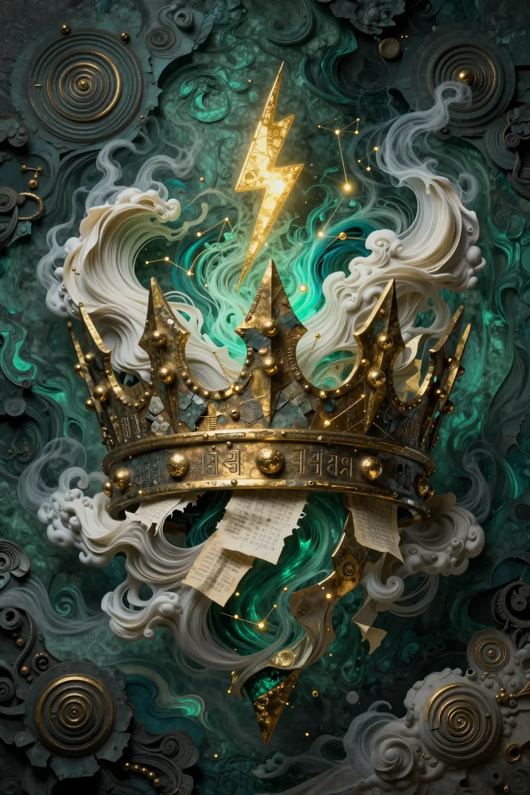 Surreal Floating Crown Forged From Stone Paper And Bronze