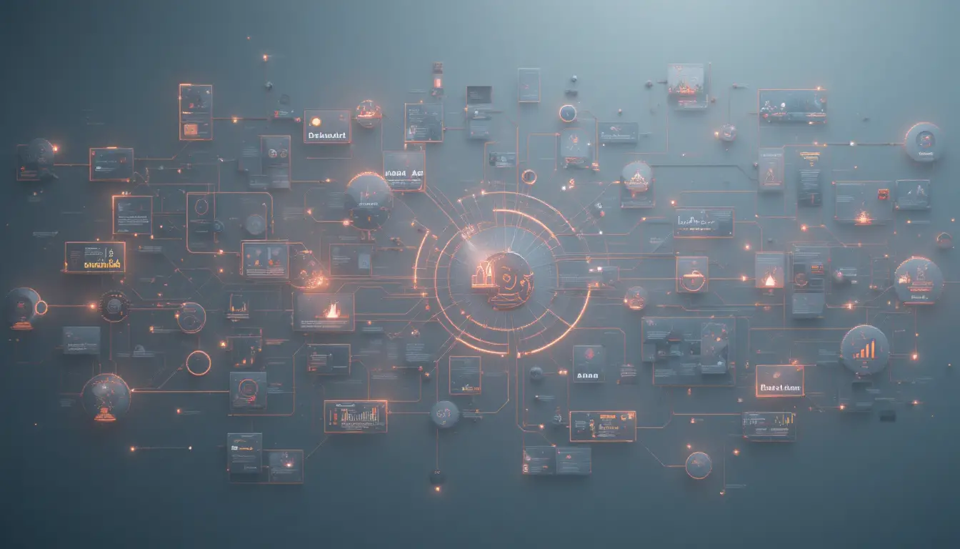 Overhead data flow diagram with glowing interconnected nodes