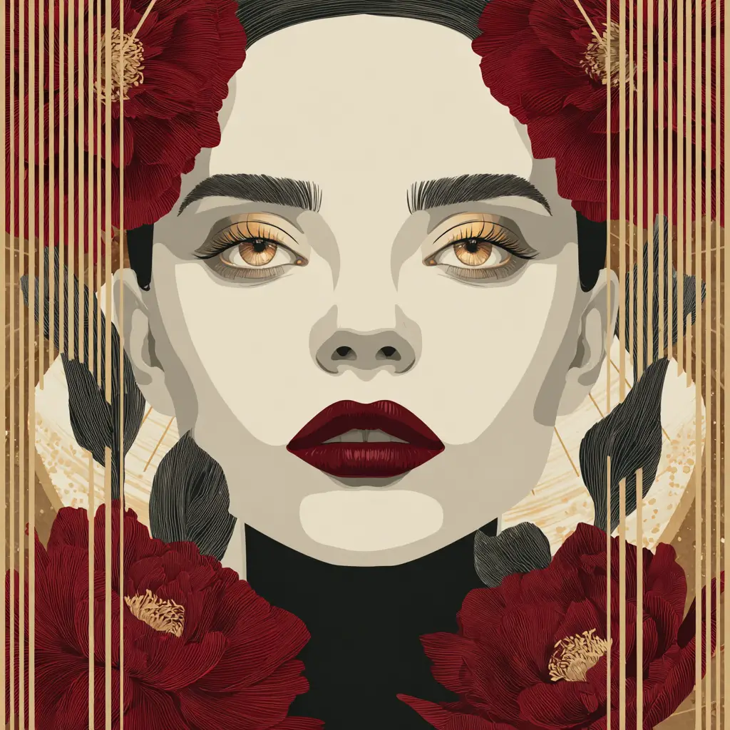 High contrast vector portrait of a woman with floral frame