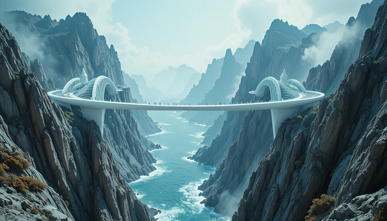 Futuristic city spanning a crystalline bridge over abyss