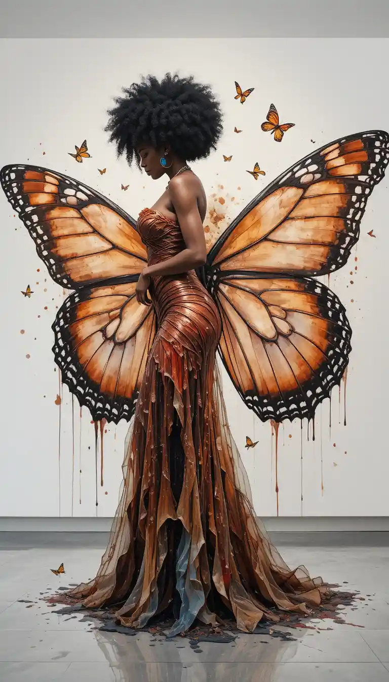 Watercolor woman with butterfly wings in gallery profile view