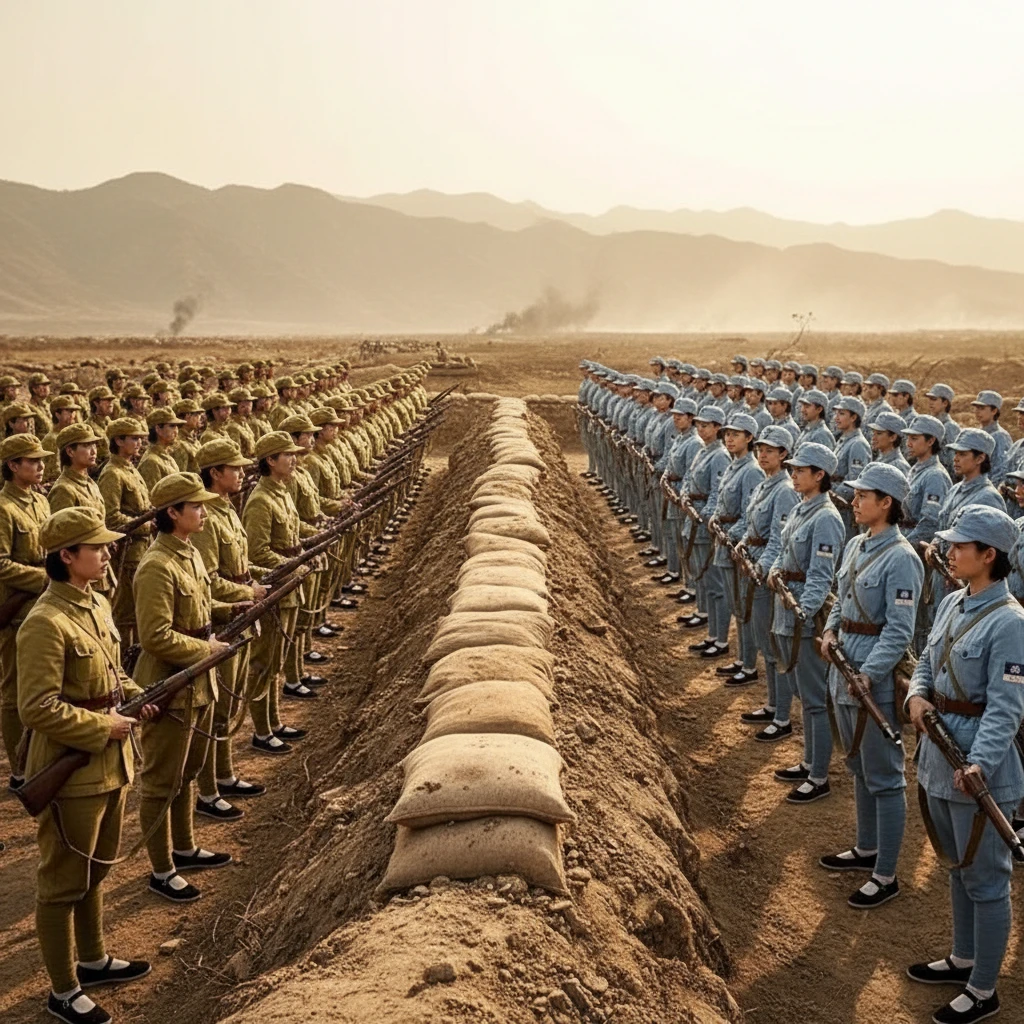 Chinese women soldiers from rival armies facing each other