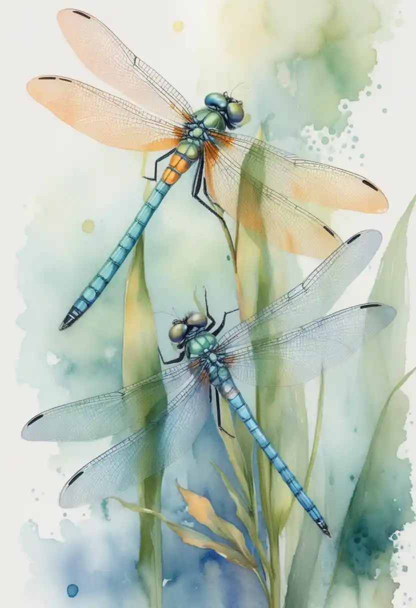 Deux libellules à l’aquarelle sur des tiges vertes aux douces teintes pastel