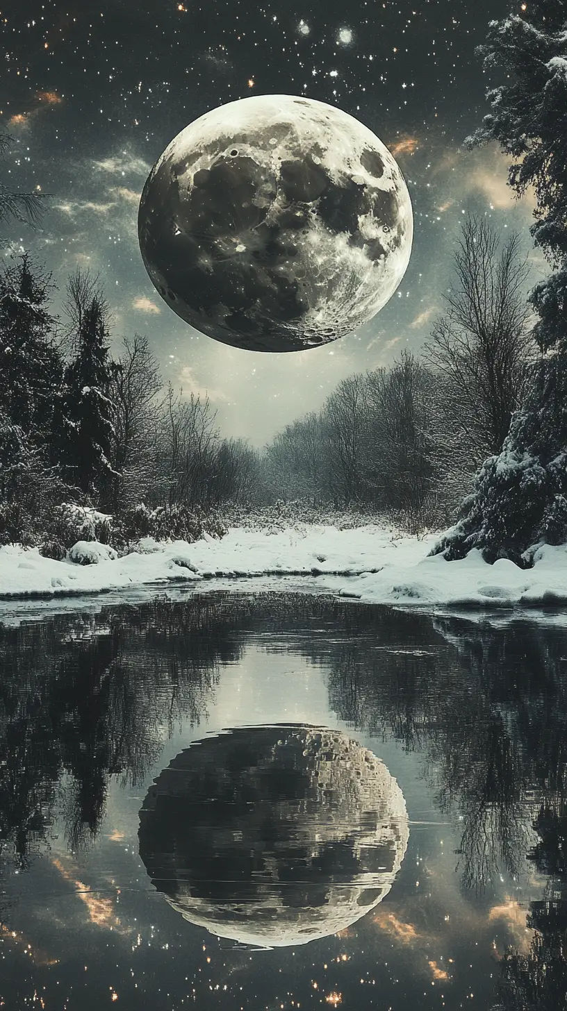 Surreal optical illusion scene with snow and bright moon