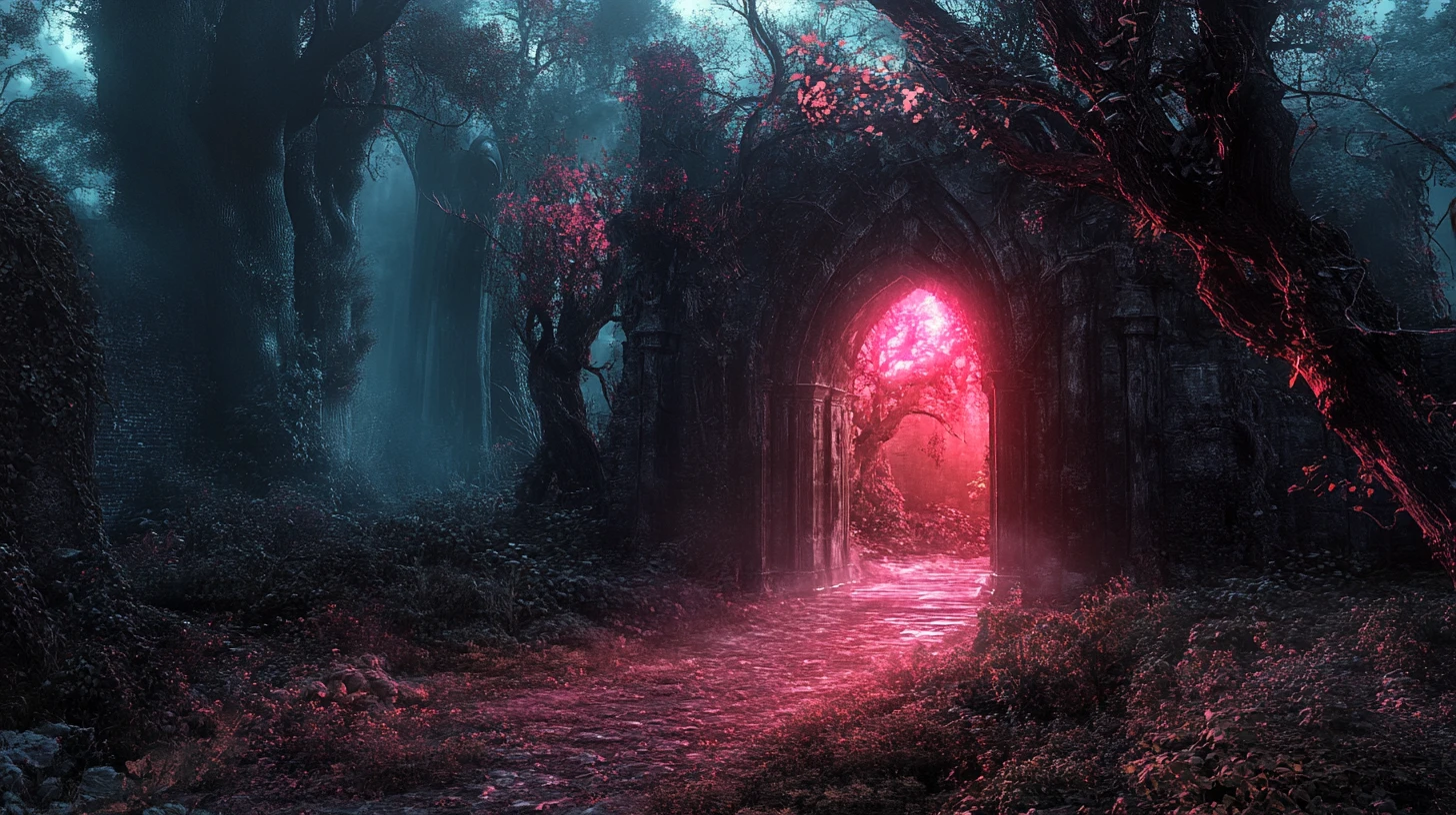 Glowing portal opening into a dark fantasy dream world