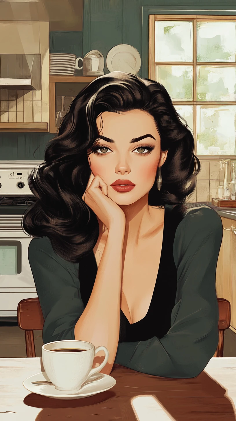 Pensive vintage woman in a retro kitchen with coffee