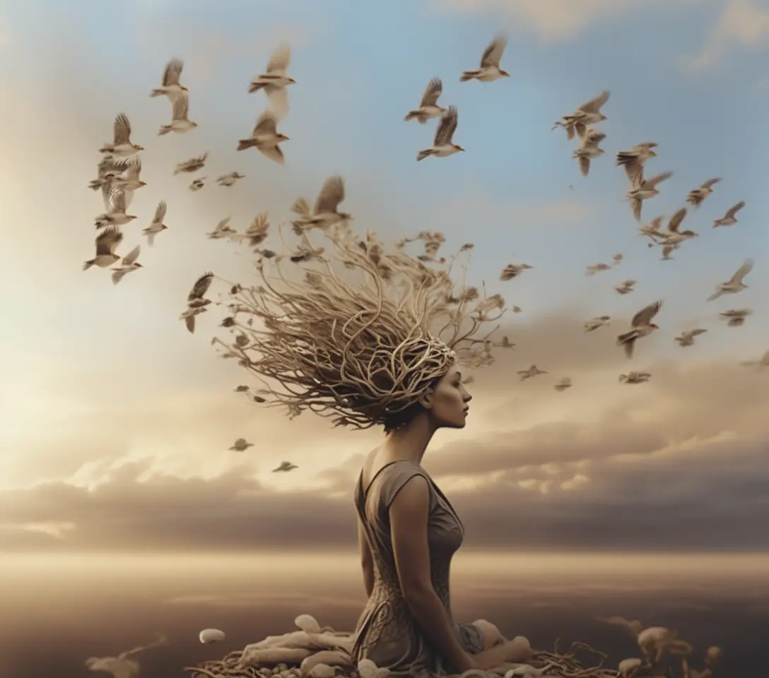 Meditating woman merging with tree roots at sunset