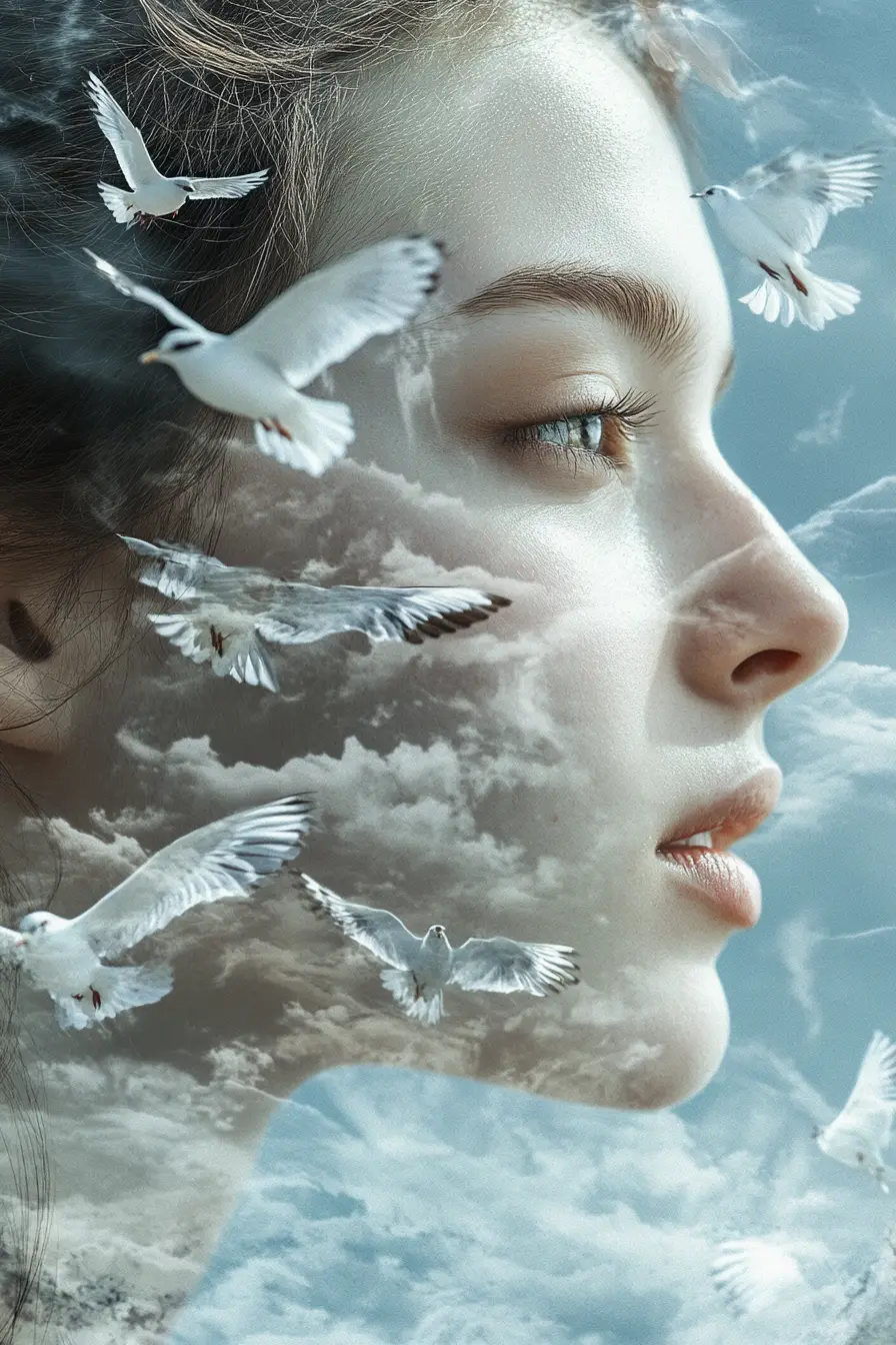 Profile portrait of woman with hair dissolving into clouds
