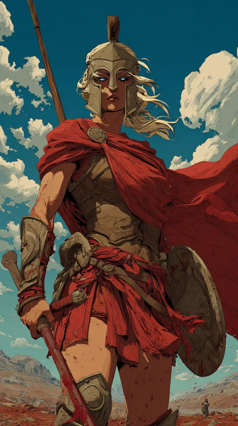 Spartan warrior woman on a sunlit battlefield