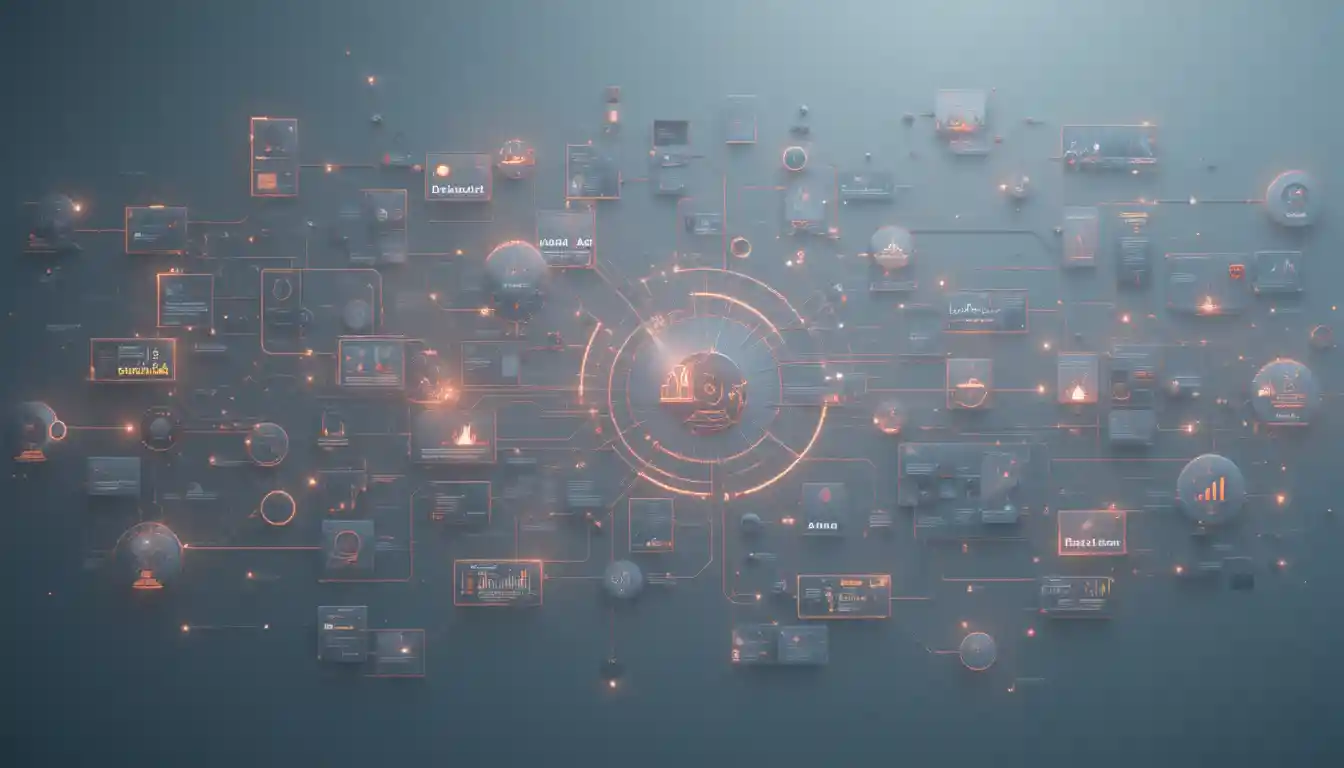 Datenflussdiagramm aus der Vogelperspektive mit leuchtend verbundenen Knoten