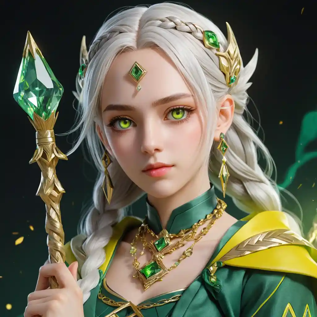 手持法杖、擁有亮綠色眼眸的動漫魔法少女