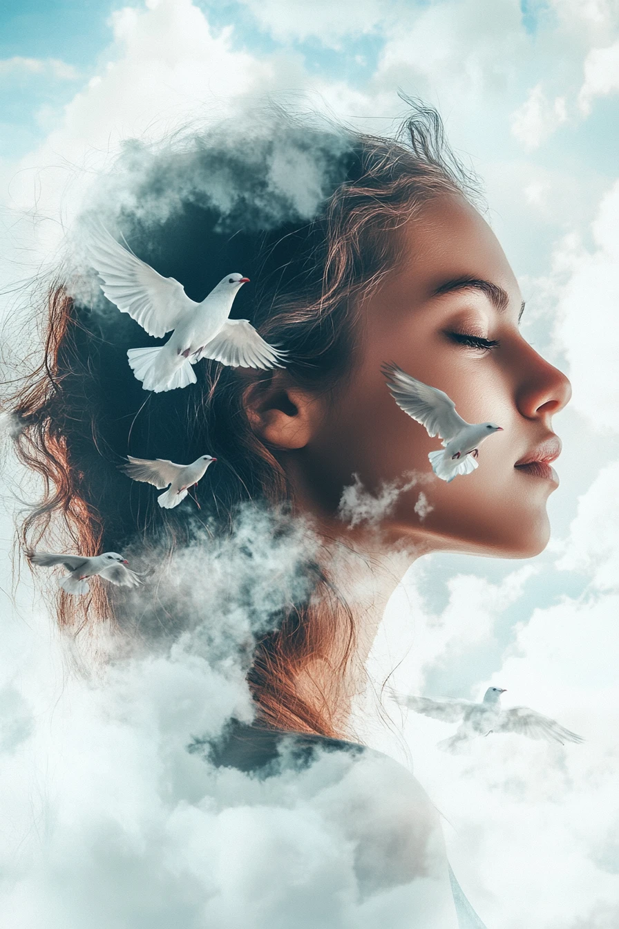 年輕女子融入雲端的超現實側臉