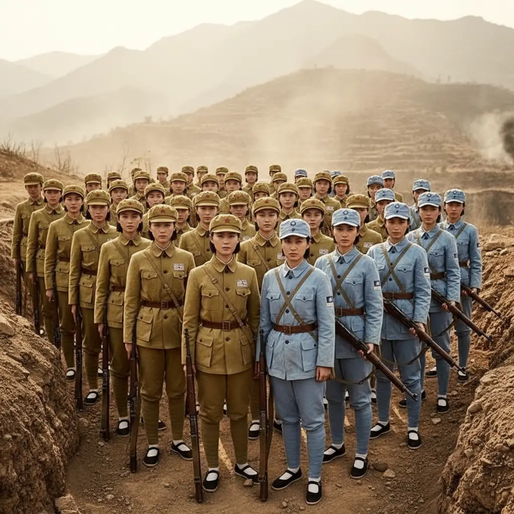 Chinese women soldiers standing in formation during wartime