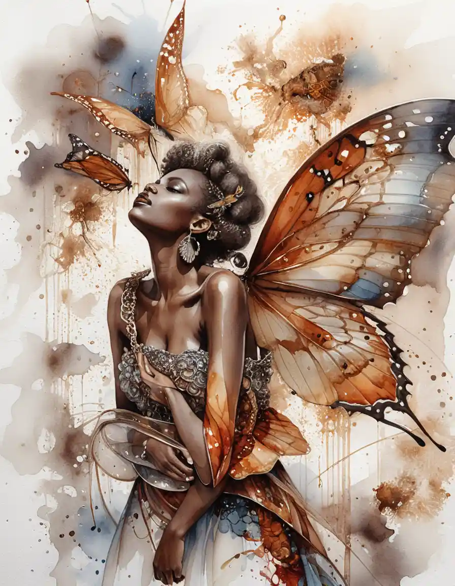 Elegant woman with butterfly wings in watercolor profile