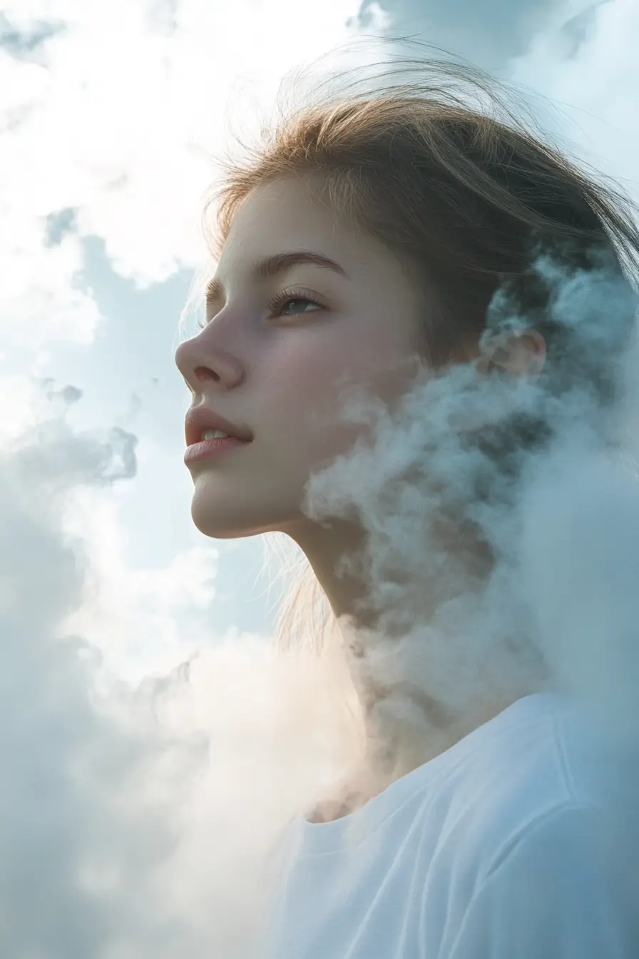 Surreal profile of a young woman merging with clouds