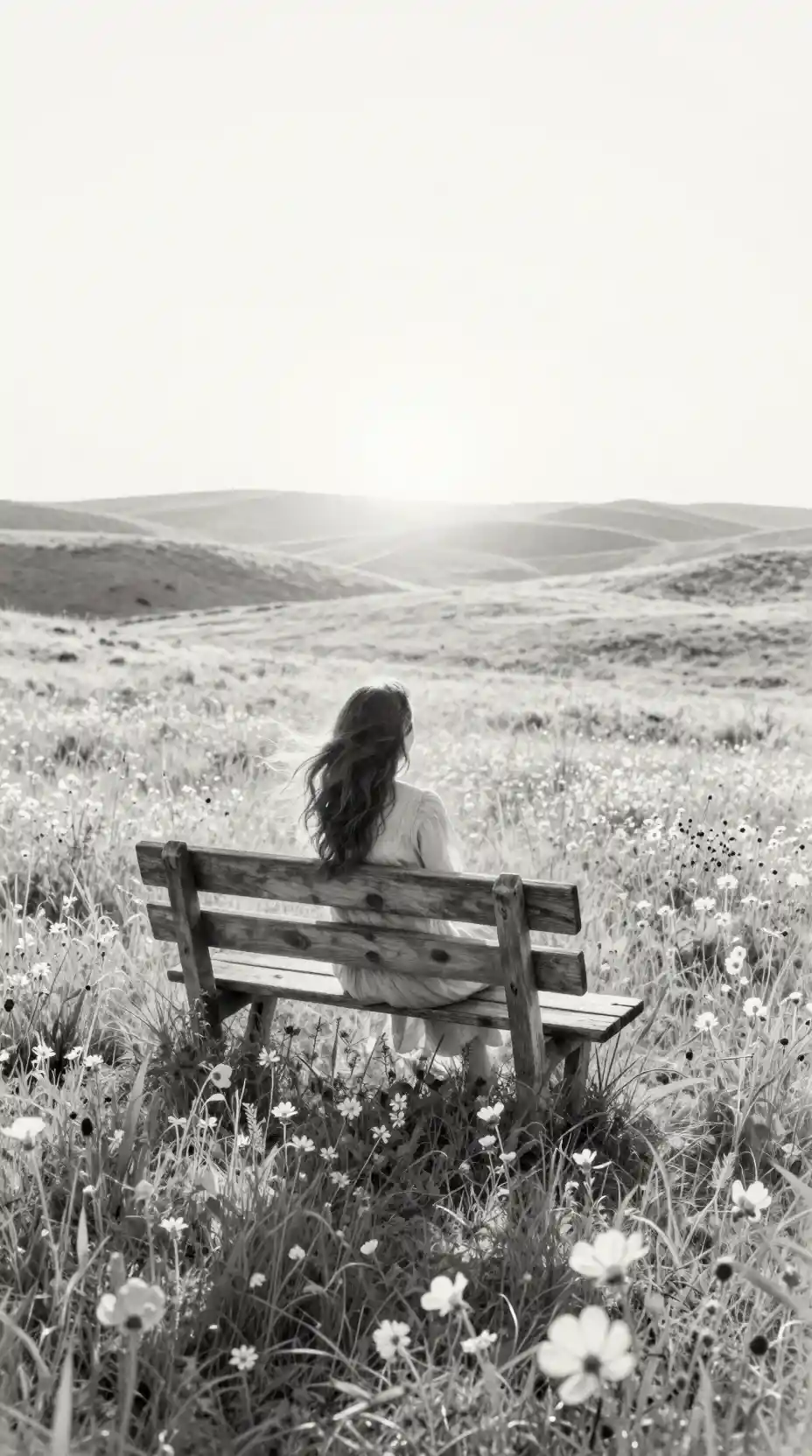 Woman resting on a wooden bench in a sunlit meadow