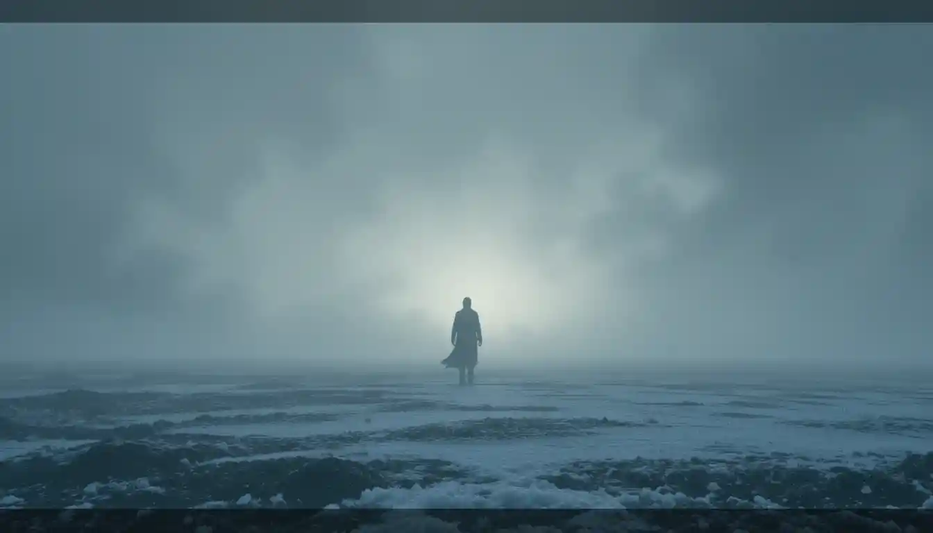Silueta solitaria en un lejano horizonte helado entre la niebla