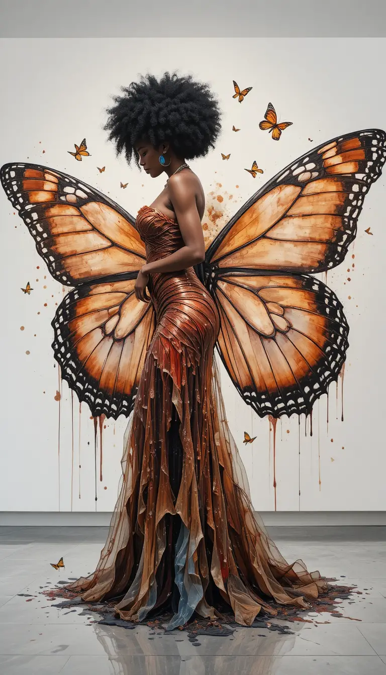 Watercolor woman with butterfly wings in gallery profile view