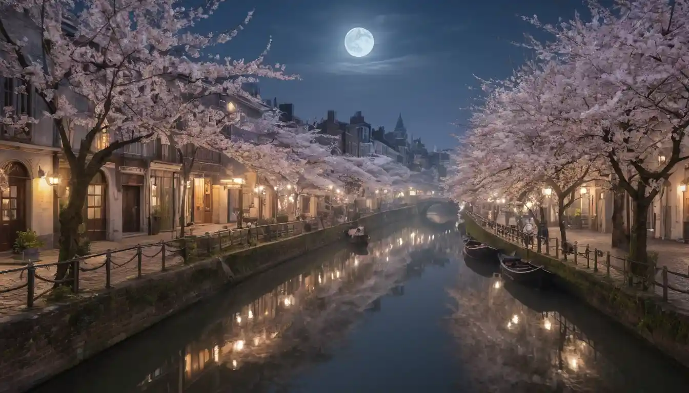 Moonlit spring cityscape with cherry blossoms and canals