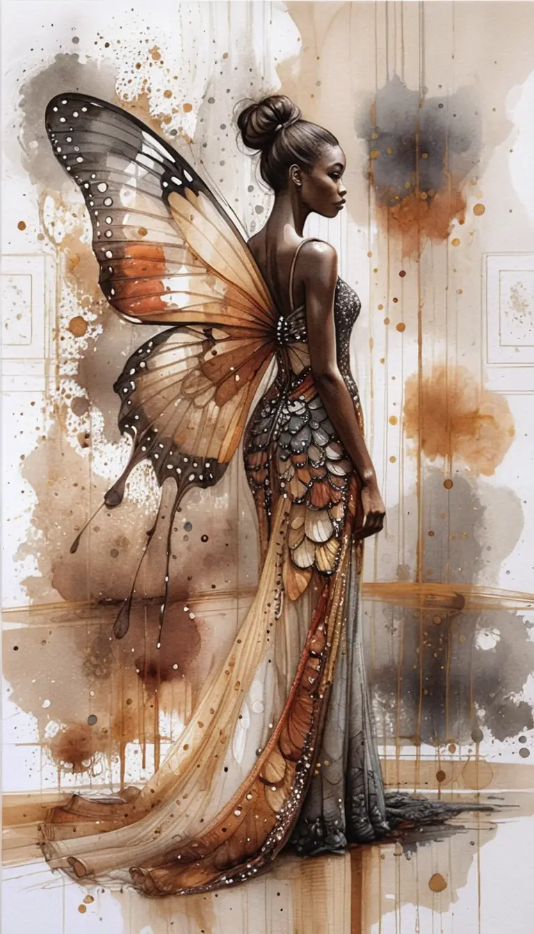 Elegant woman with butterfly wing gown in watercolor art