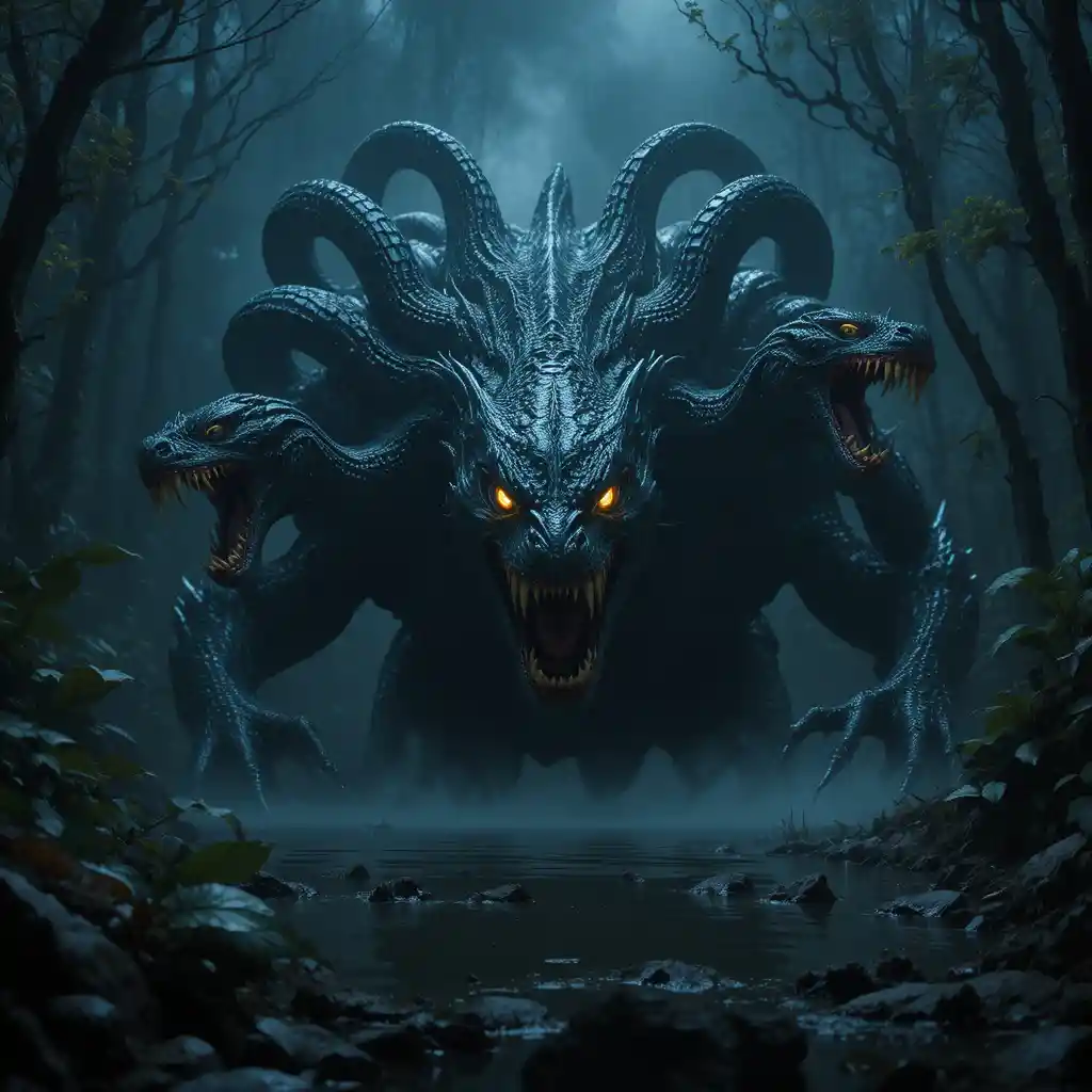 Gigantic hydra rising from a dark swamp at night