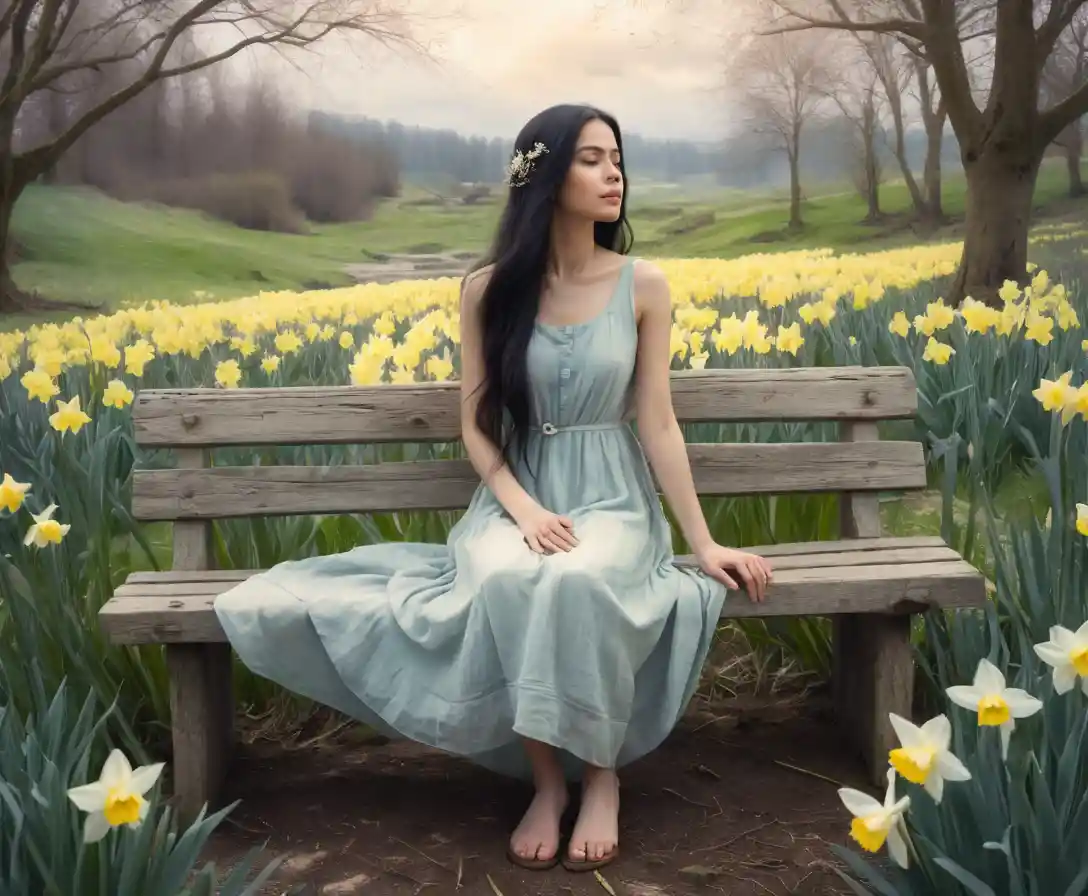 Woman resting on a wooden bench in a flower meadow