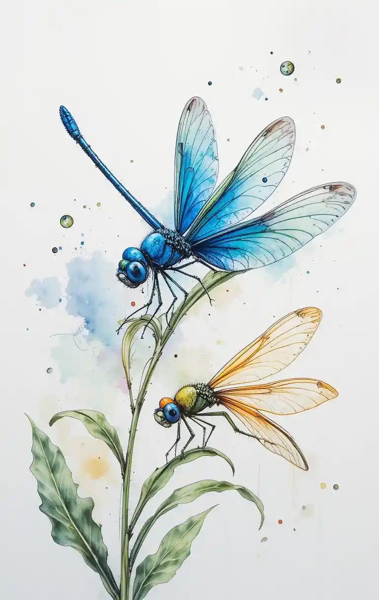Libellules en aquarelle sur tiges vertes aux doux tons pastels